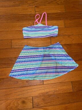 Girls' Multicolor Stripe Bikini Set with Skirt